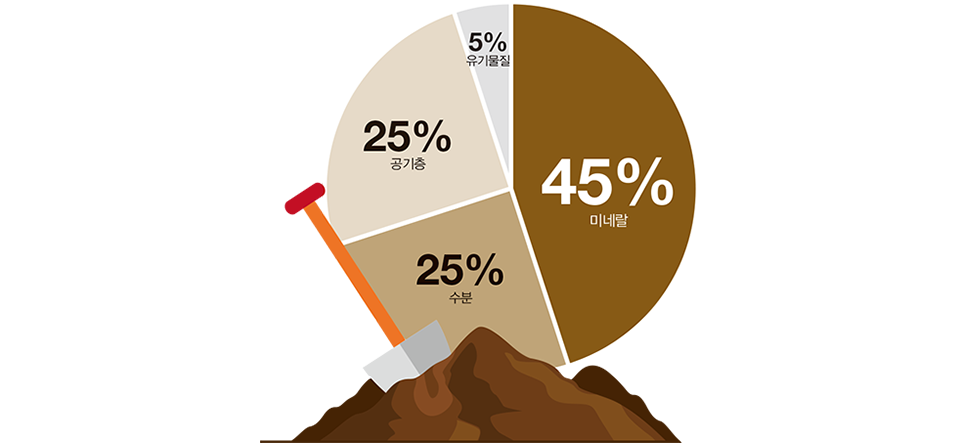 토양 구성 미네랄45%, 수분25%, 공기층25%, 유기물질5%